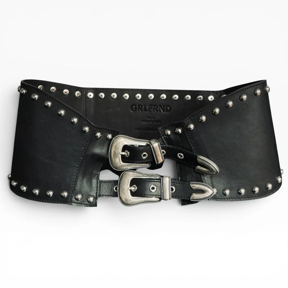 GRLFRND Wide Leather Studded Waist Corset Belt Western Rock Glam Black M/L